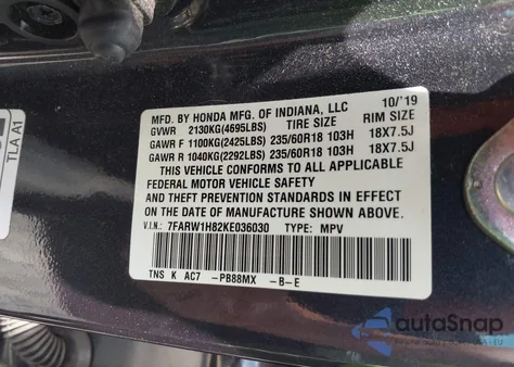 2019 Honda Cr-V Ex-L из США, поврежденный, VIN 7FARW1H82KE036030